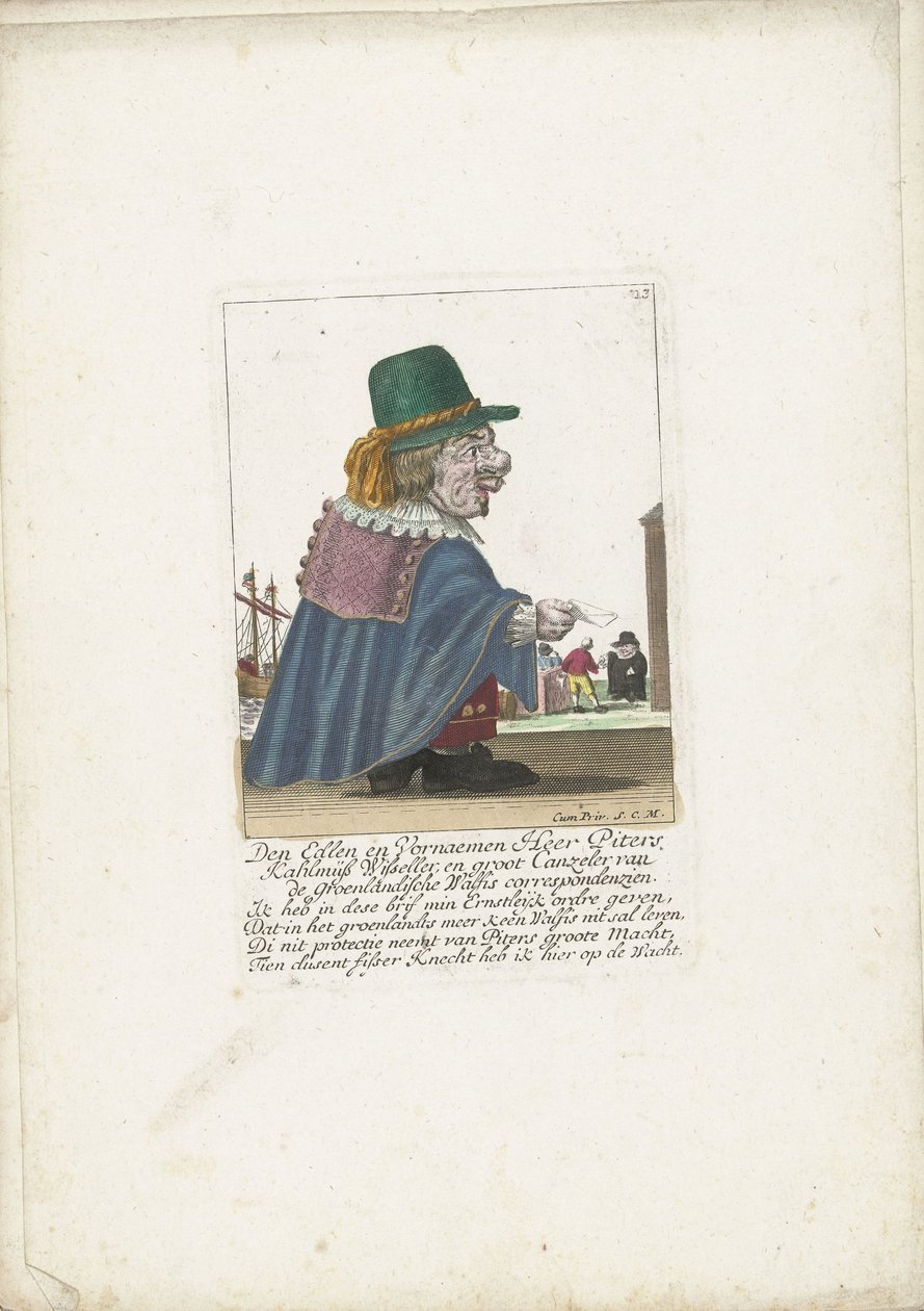 De dwerg Piters Kahlmüß Wisseller als walvisvaarder, ca. 1710 door Martin Engelbrecht (attributed to)