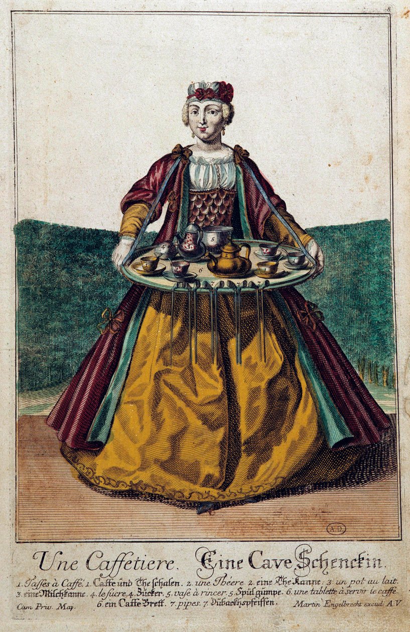 Een koffiezetter: een jonge vrouw die een dienblad draagt met een koffieservies. Gravure door Martin Engelbrecht (1684-1756) 18e eeuw. Parijs, Decoratieve Kunsten door Martin Engelbrecht