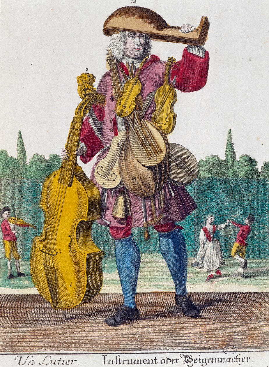 Luitspeler, gravure uit Assemblage des nouveau manouvries habilles door Martin Engelbrecht