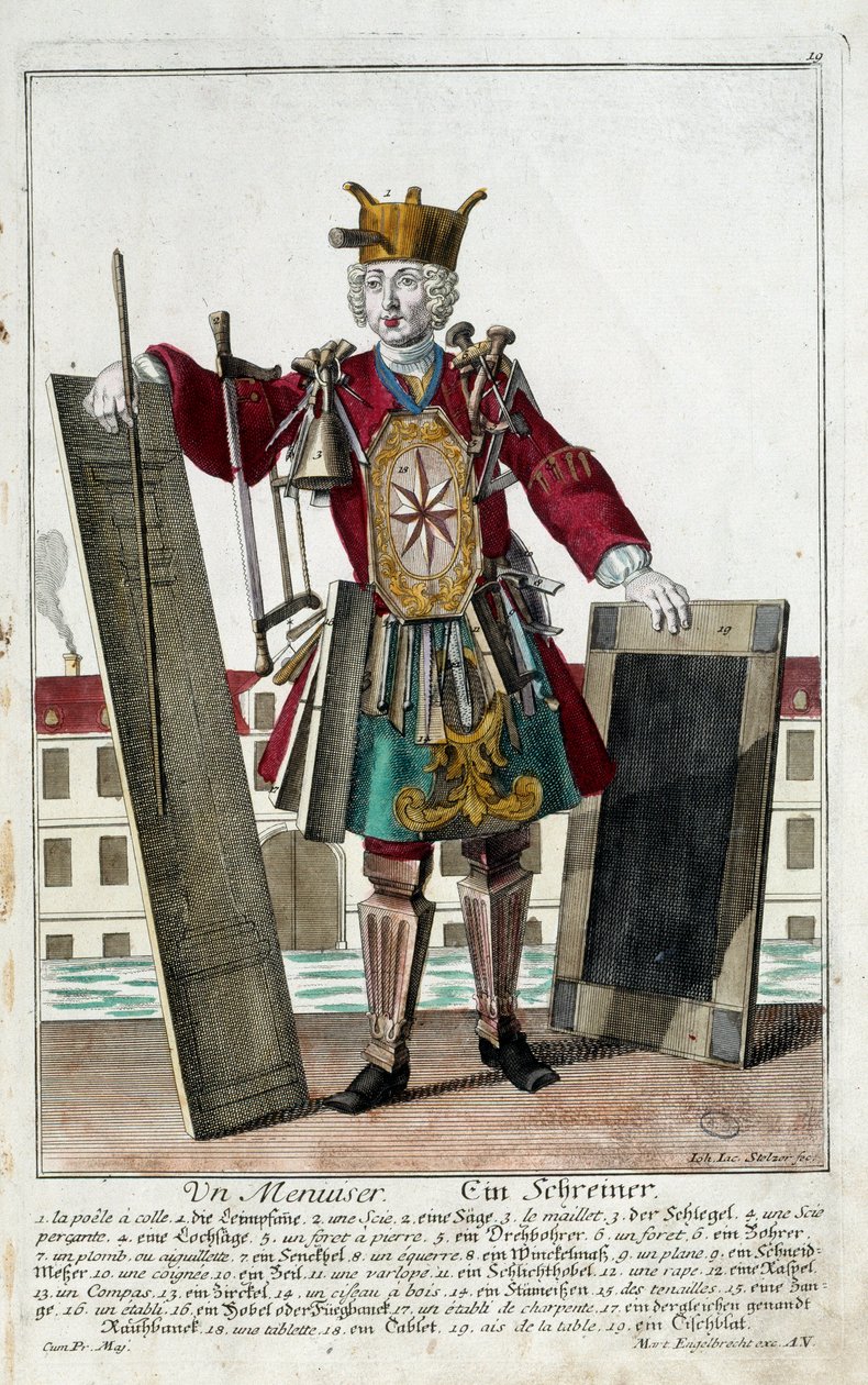 Beroep: Een timmerman. Gravure door Martin Engelbrecht (1684-1756), in "Nieuwe verzameling van de geklede handwerkslieden" 18e eeuw, Duitsland. Parijs, Decoratieve Kunsten door Martin Engelbrecht