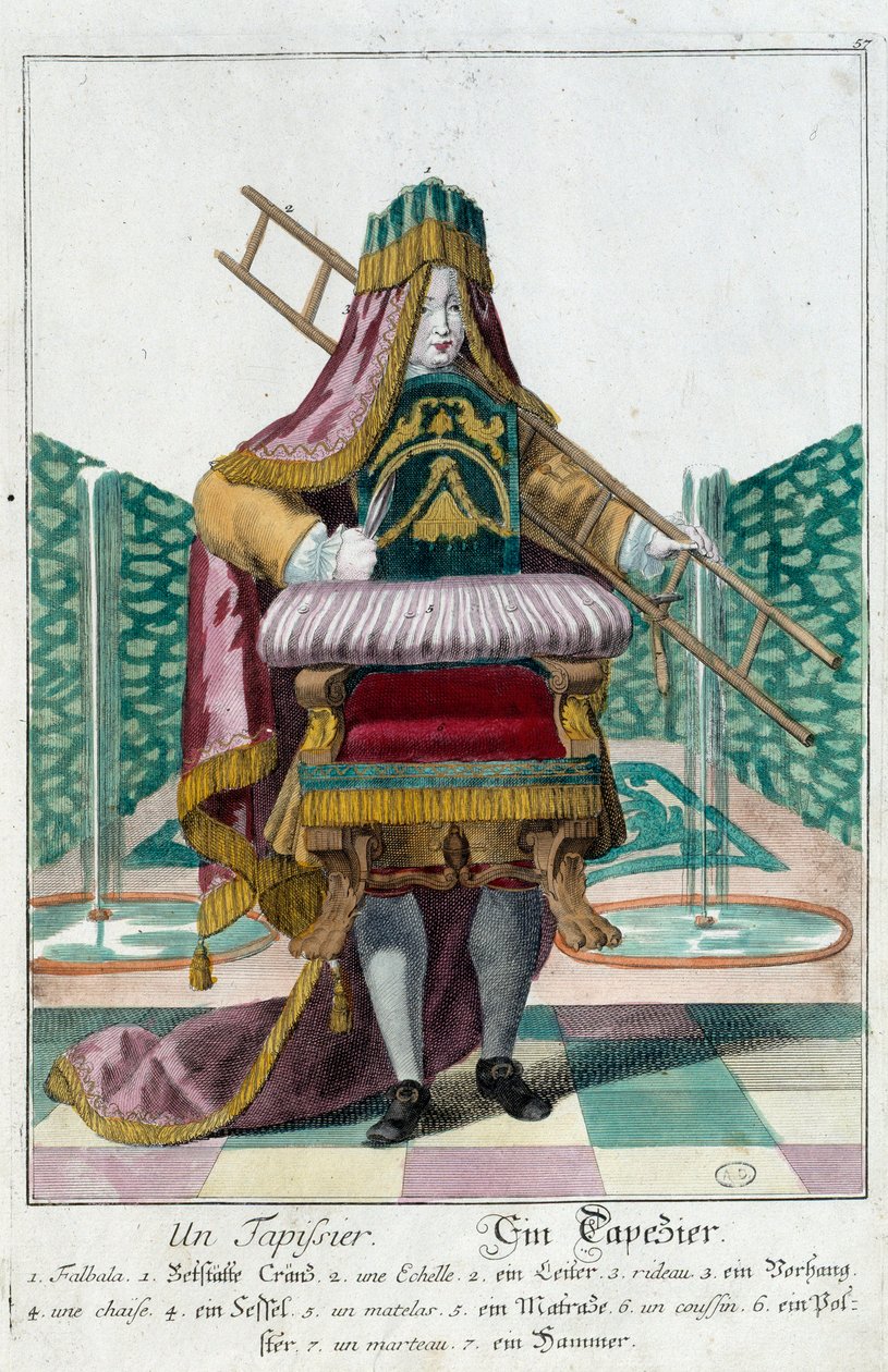 Ambacht: een stoffeerder. Gravure door Martin Engelbrecht (1684-1756), in 