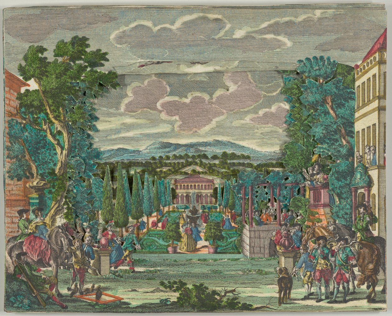 Papieren theater of diorama van een villa en tuin in Italiaanse stijl door Martin Engelbrecht
