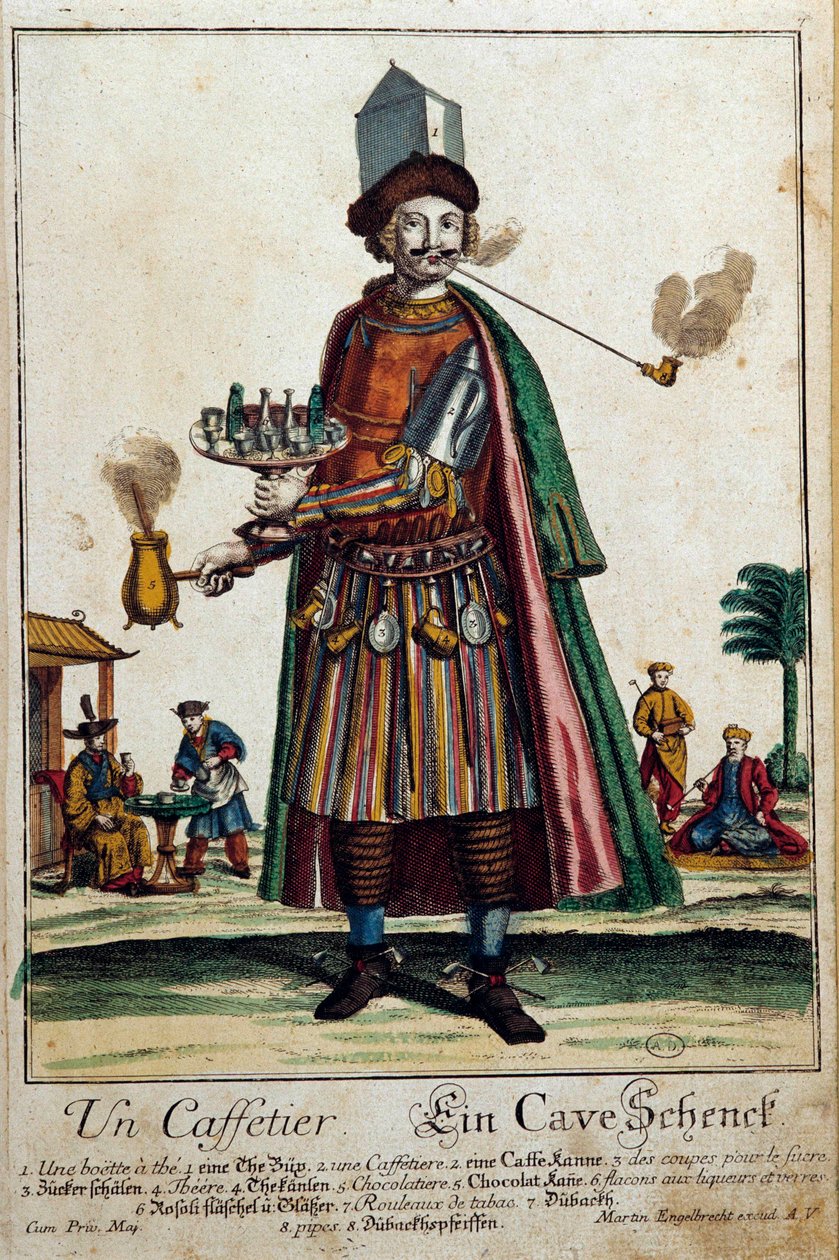 De koffiezetter: een man met een koffiezetapparaat en een dienblad. Gravure door Martin Engelbrecht (1684-1756) 18e eeuw Parijs, Decoratieve Kunsten door Martin Engelbrecht