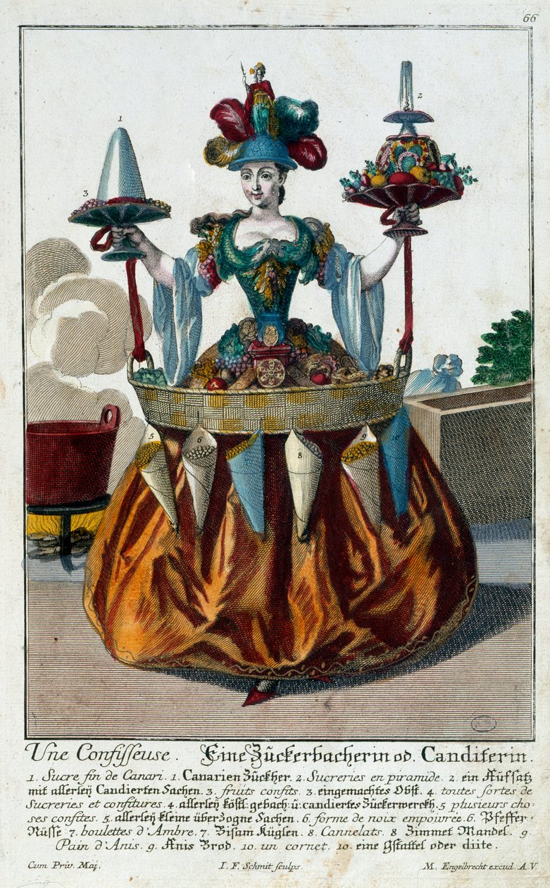 De banketbakker: een jonge vrouw met een dienblad met snoep en suikerwerk. Gravure door Martin Engelbrecht (1684-1756) 18e eeuw. Parijs, Decoratieve Kunsten door Martin Engelbrecht
