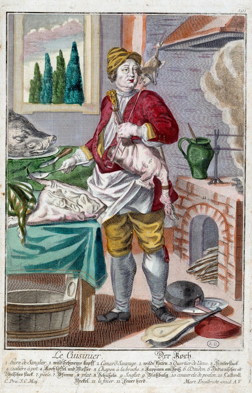 De kok. Gravure door Martin Engelbrecht (1684-1756), in 