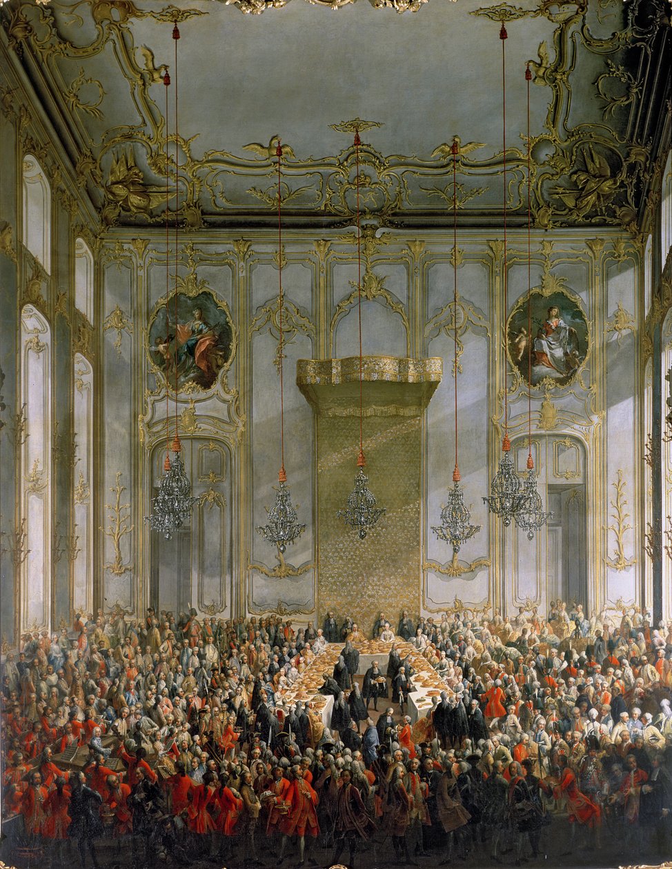 Hofbanket in de grote voorzaal van het Hofburg Paleis, Wenen door Martin II Mytens or Meytens