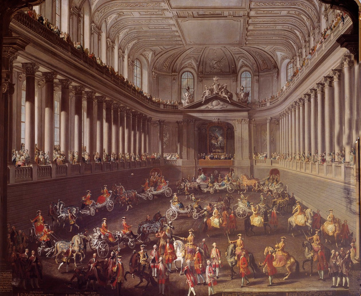 Carrousel van de Spaanse manege van Wenen ter viering van de Franse nederlaag in Praag in 1763, Marie Therese van Oostenrijk op het witte paard door Martin Meytens the Younger