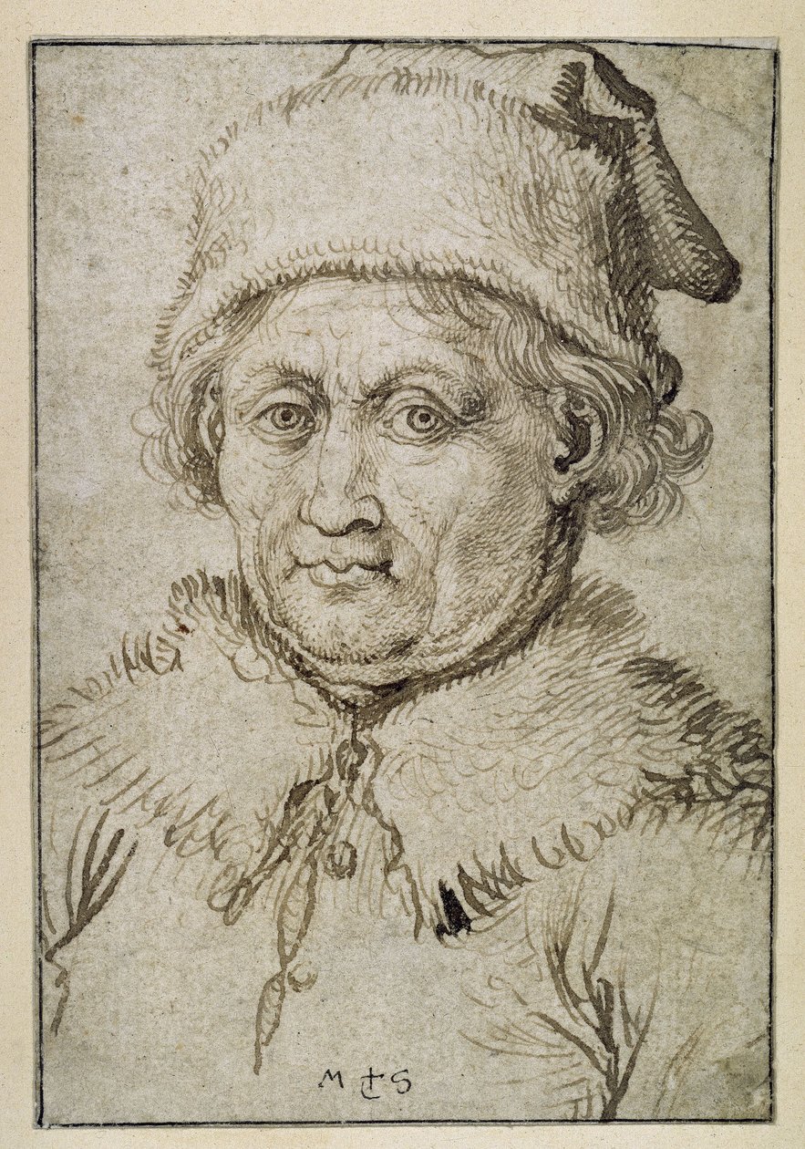 Borstportret van een oude man met bontkraag en bontmuts door Martin Schongauer