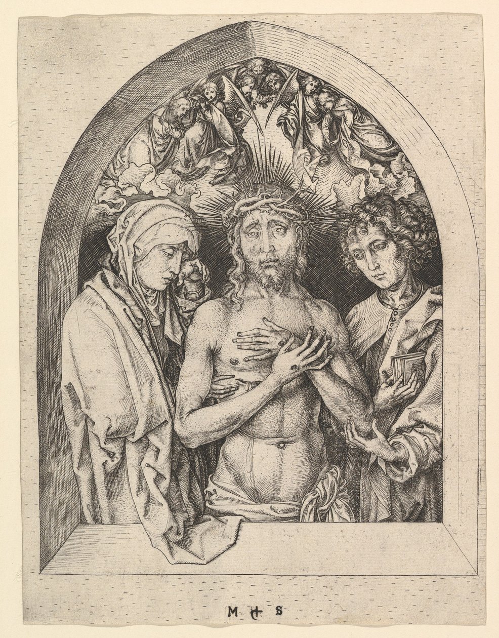 Christus als de Man van Smarten met de Maagd en St. Johannes, ca. 1435-1491 door Martin Schongauer