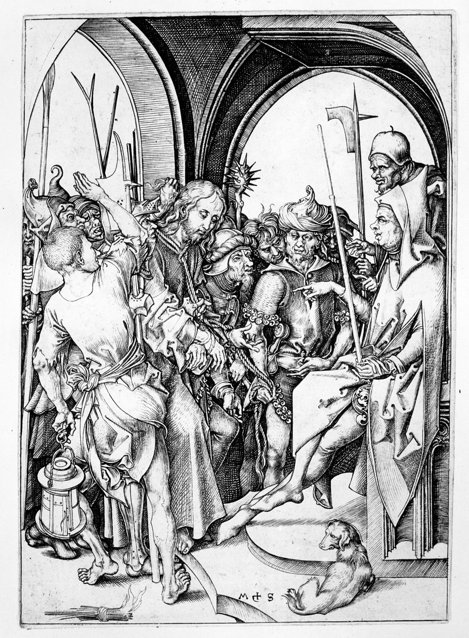 Christus voor Annas (gravure) door Martin Schongauer