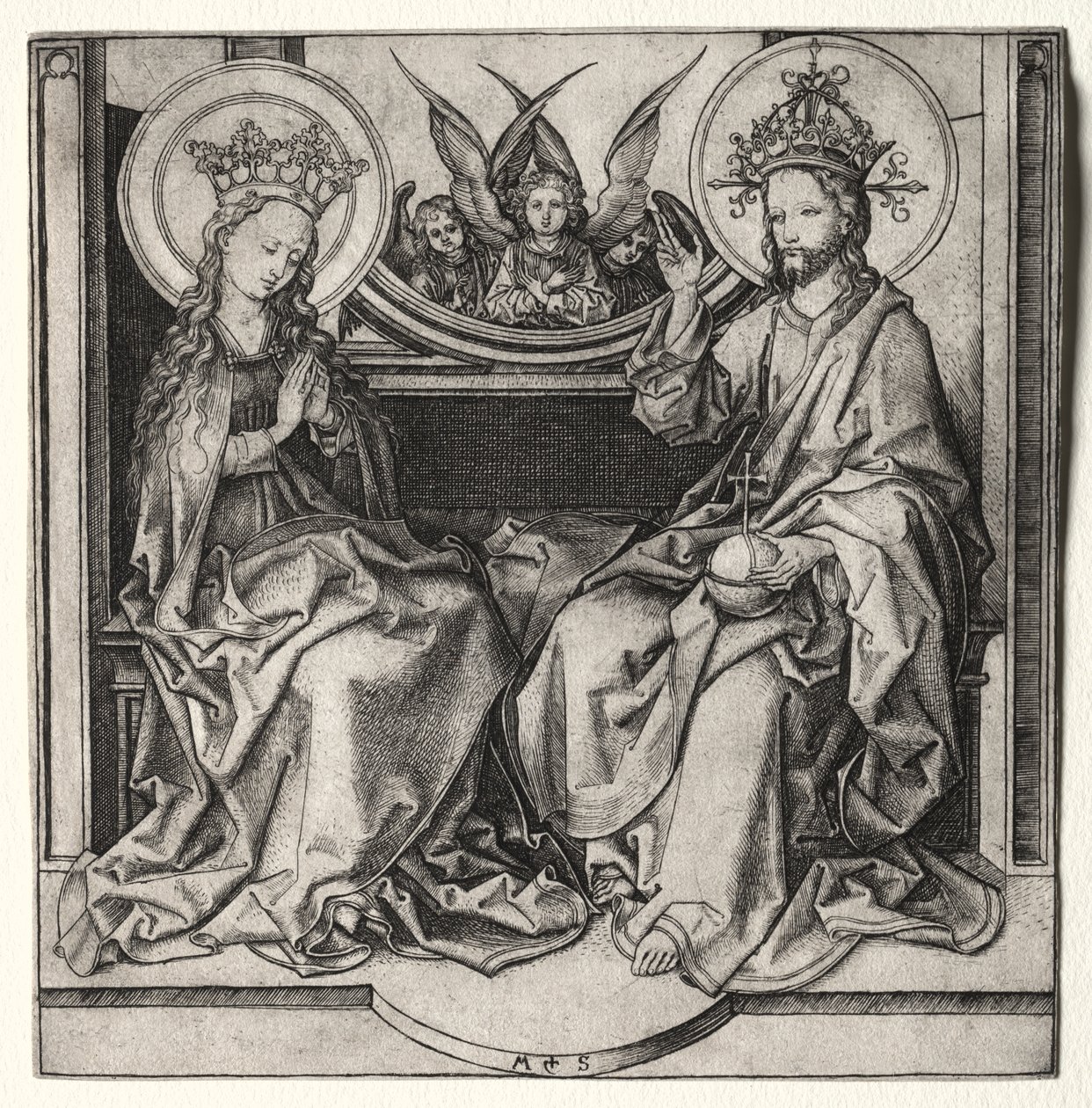 God de Vader en de Gezegende Maagd Enthroned Bijgestaan door Engelen door Martin Schongauer