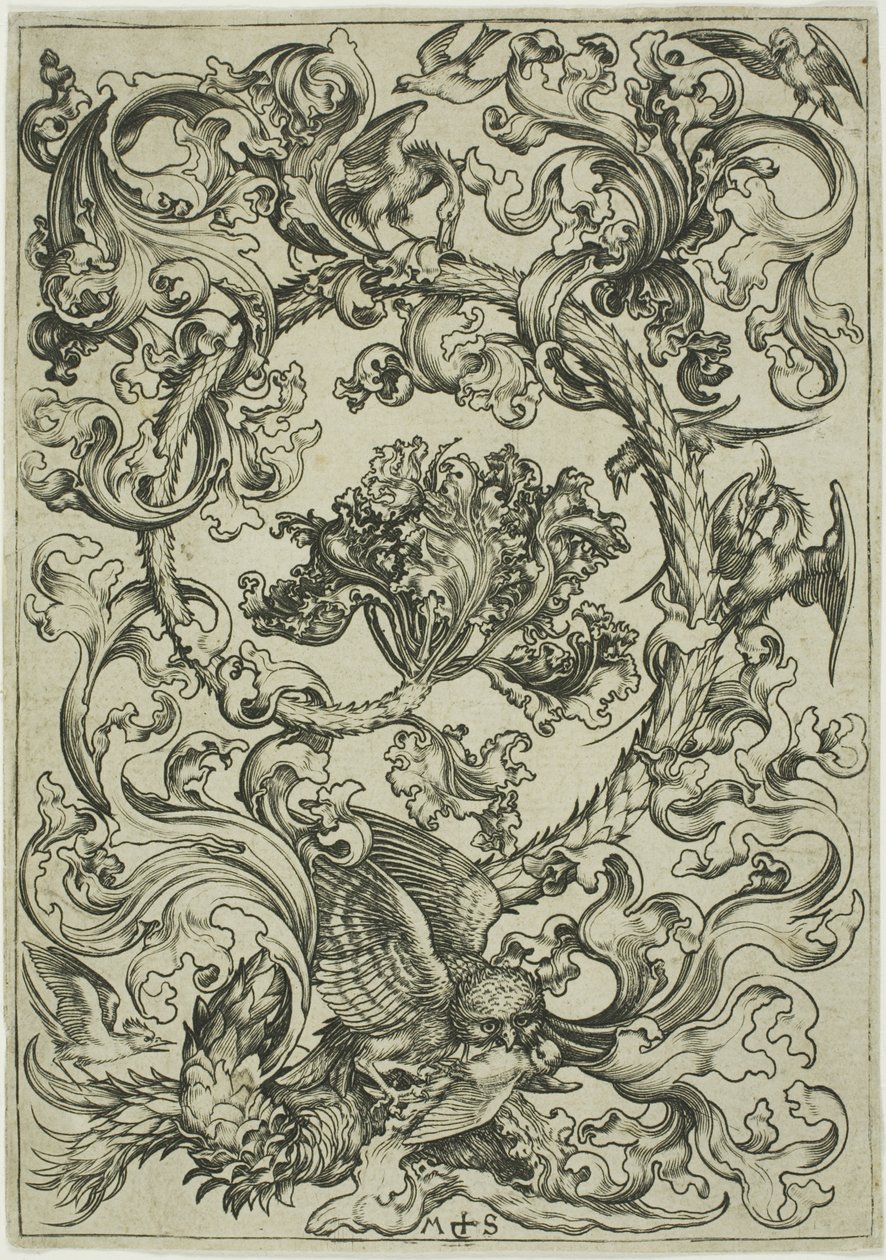 Ornament met uil gespot door dagvogels door Martin Schongauer