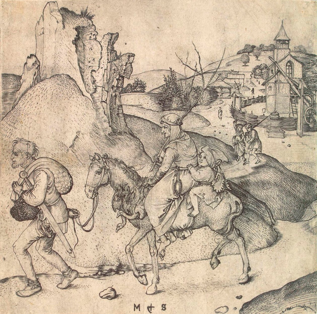 Boerenfamilie op weg naar de markt, tussen 1473 en 1475 door Martin Schongauer