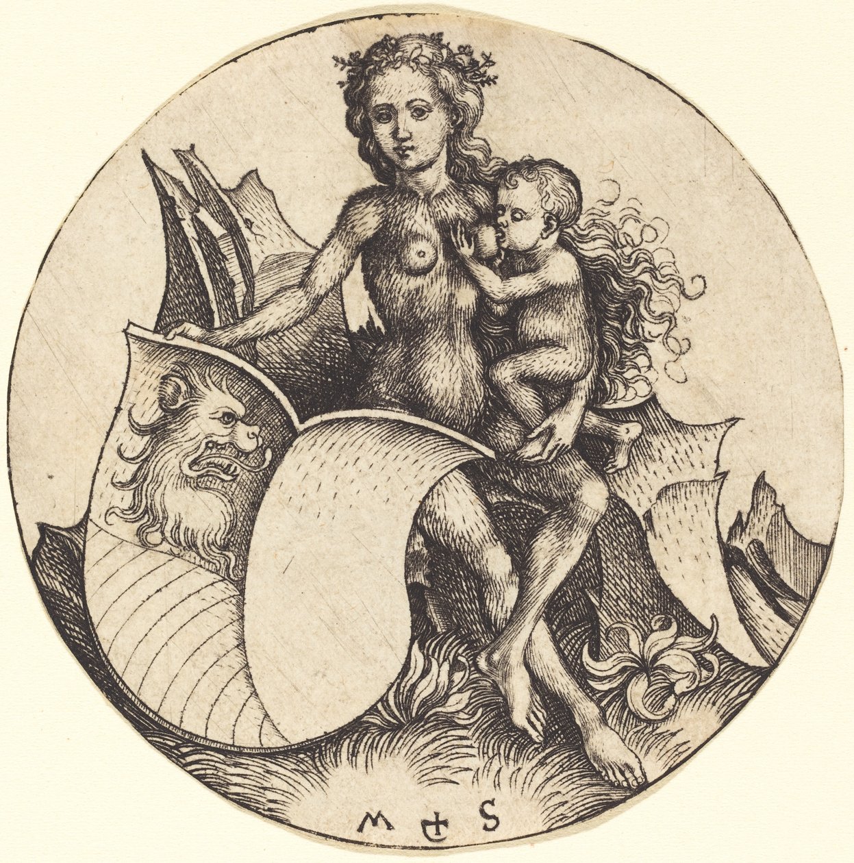 Schild met Leeuwenkop, Gehouden door Wilde Vrouw door Martin Schongauer