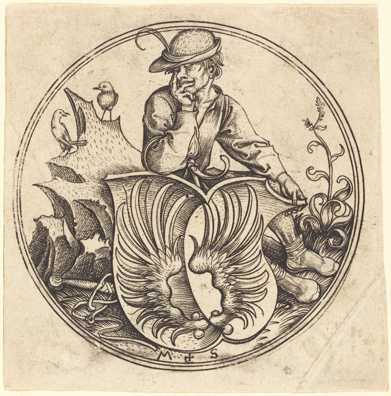 Schild met Vleugels, Gehouden door Boer door Martin Schongauer