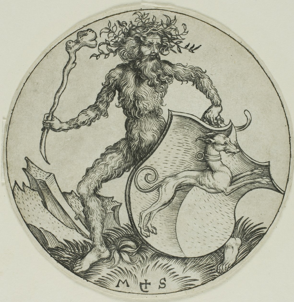 Schild met een hazewindhond, vastgehouden door een wilde man door Martin Schongauer