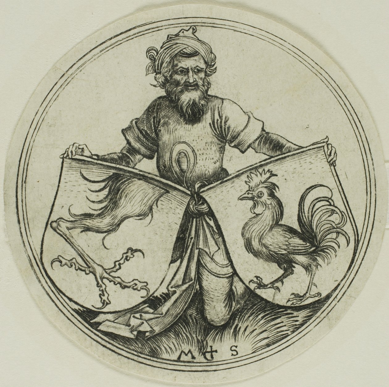 Schild met een griffioenvoet en schild met een haan vastgehouden door een Moor door Martin Schongauer