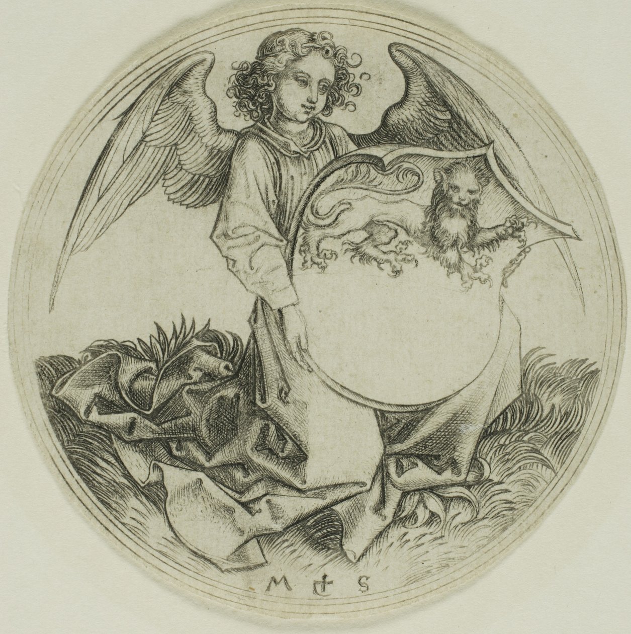 Schild met een leeuw, vastgehouden door een engel door Martin Schongauer