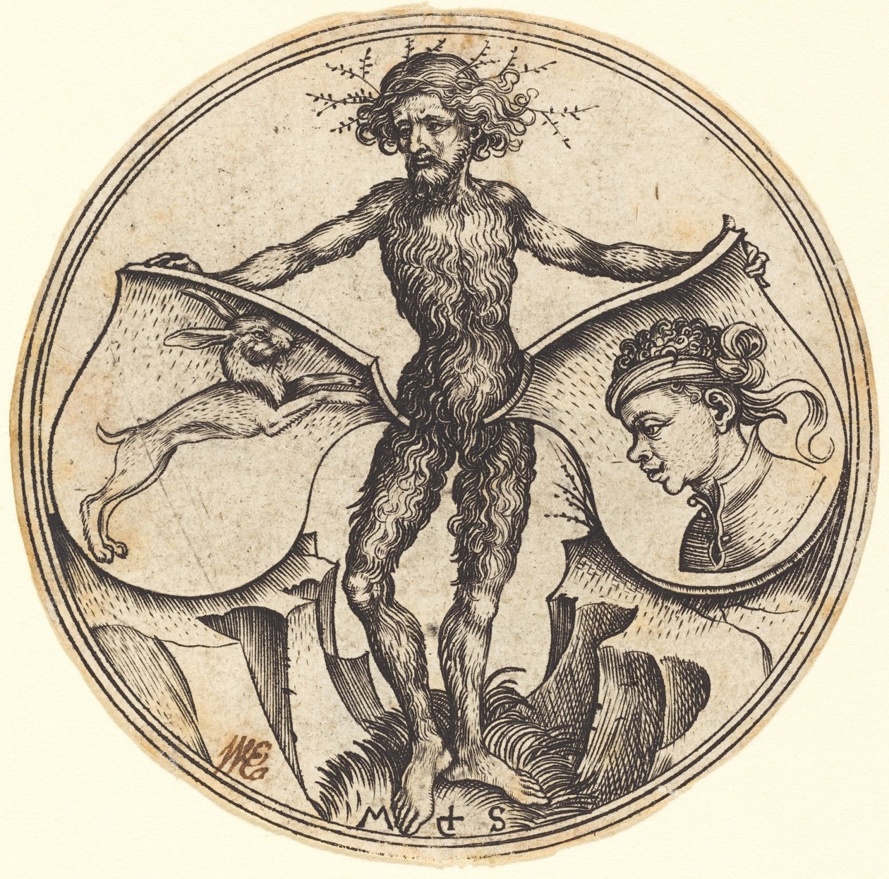 Schilden met Konijn en Moorse Hoofd, Gehouden door Wilde Man door Martin Schongauer