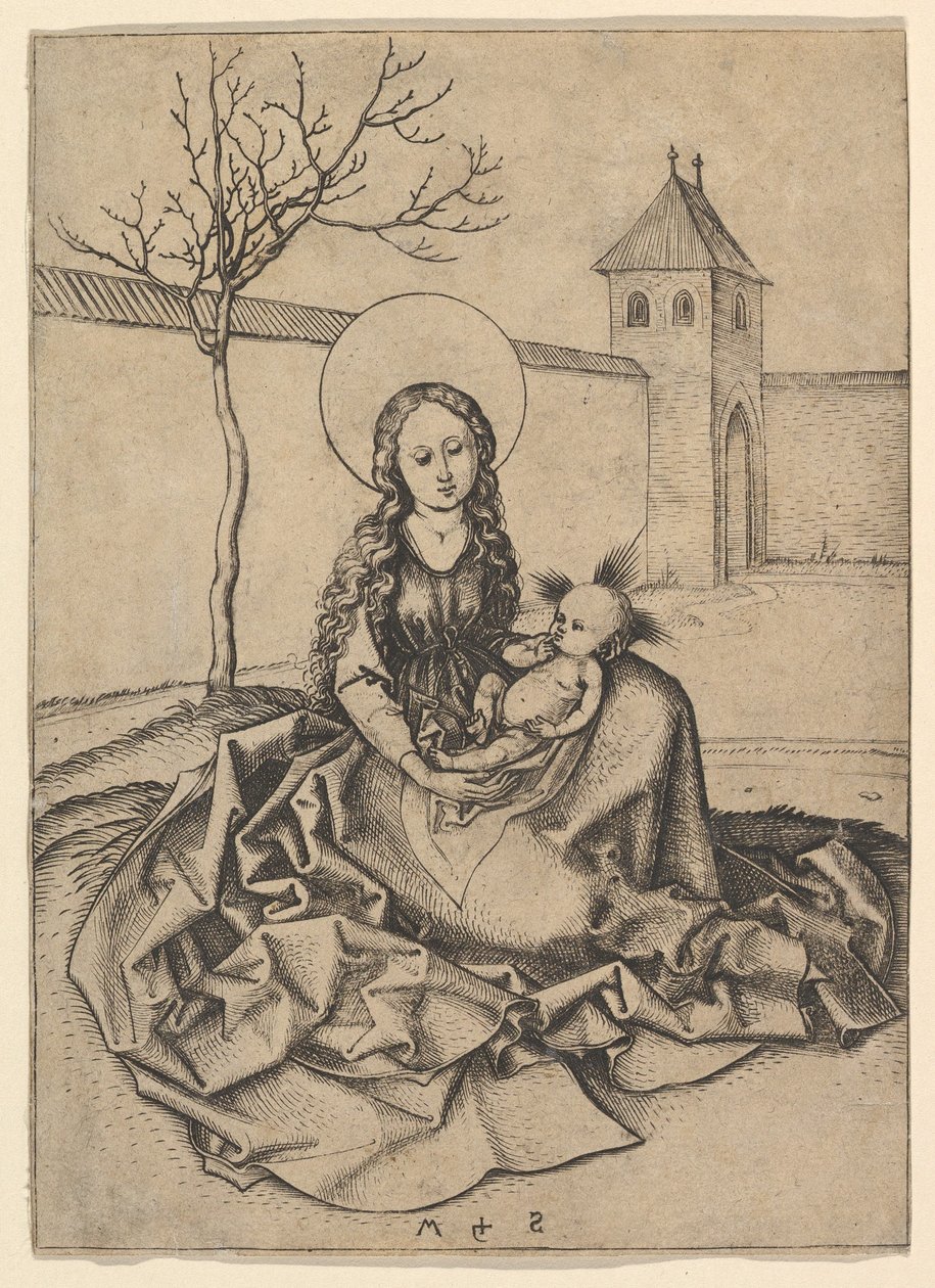 De Madonna en Kind in de binnenplaats, ca. 1435-1491 door Martin Schongauer