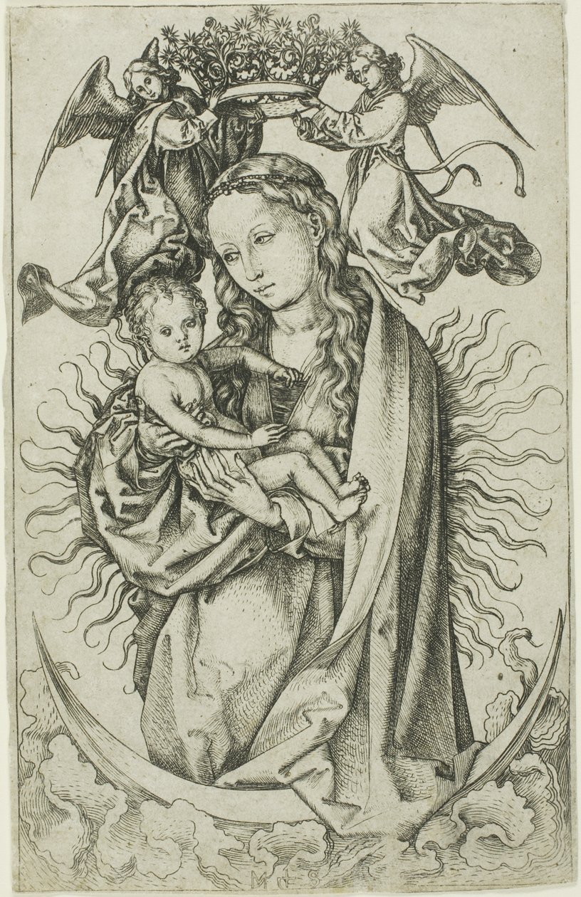 De Madonna op de Maansikkel Gekroond door Twee Engelen door Martin Schongauer