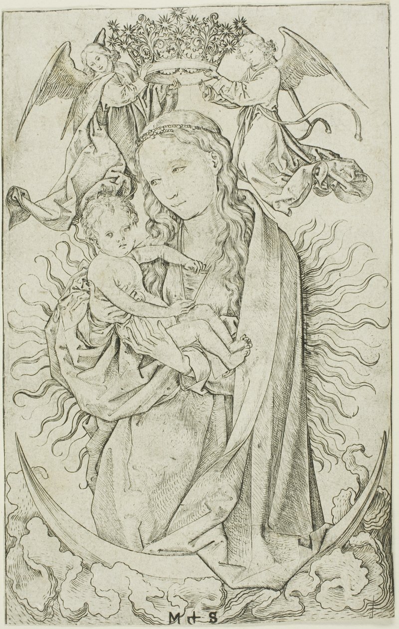 De Madonna op de sikkel gekroond door twee engelen door Martin Schongauer
