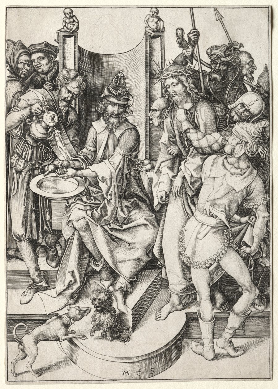 De passie: Christus voor Pilatus door Martin Schongauer