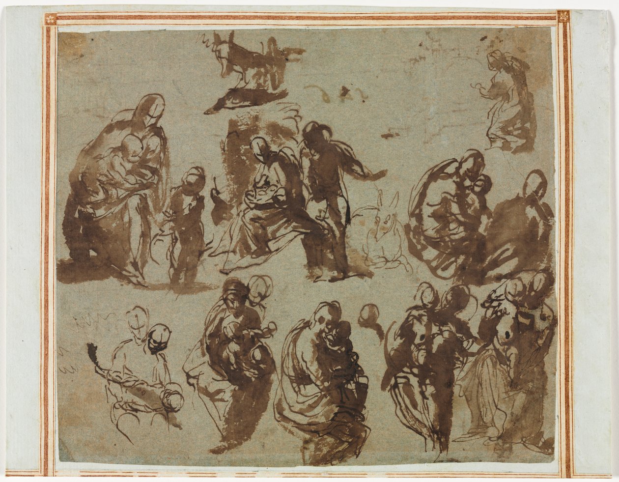 Verschillende Schetsen van de Madonna en Kind (recto) Architecturale Studies (verso) [gedeeltelijk zichtbaar op recto] door Martin Schongauer