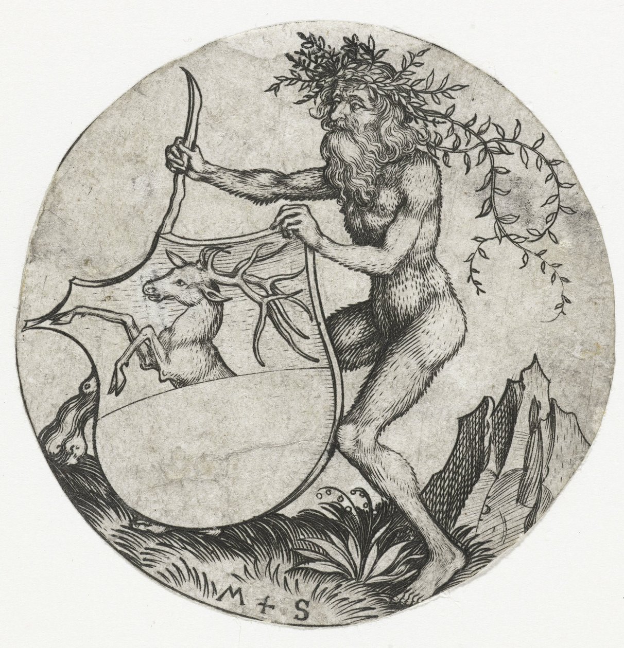 Wapenschild met een hert, vastgehouden door een wildeman met een knots door Martin Schongauer
