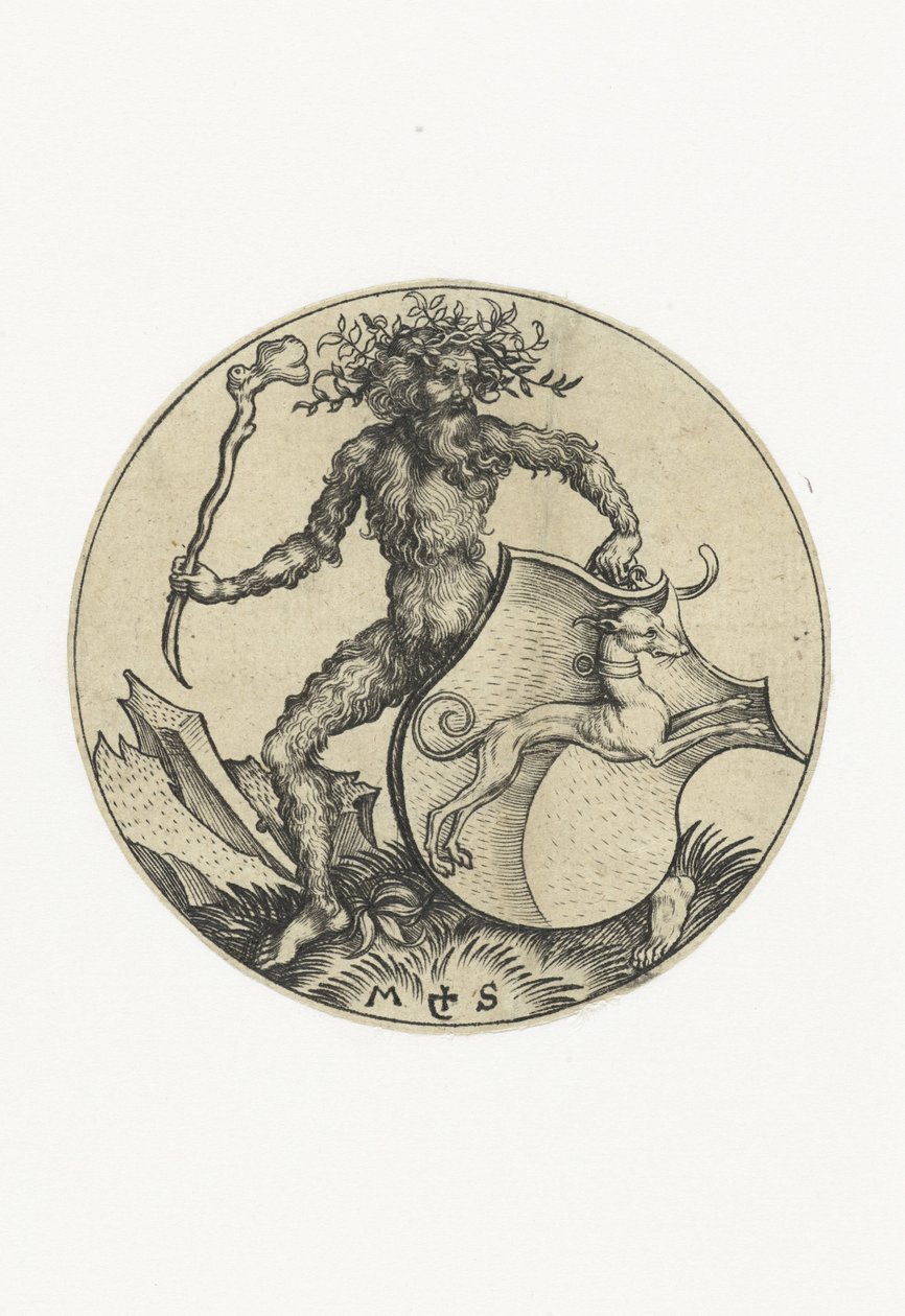 Wapenschild met een hond, vastgehouden door een wildeman met een knots door Martin Schongauer