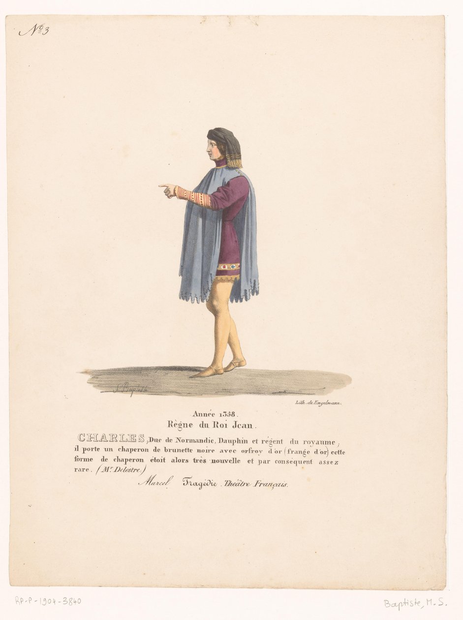 Kostuum van de dauphin Karel van Valois uit de tragedie Marcel door Martin Sylvestre Baptiste