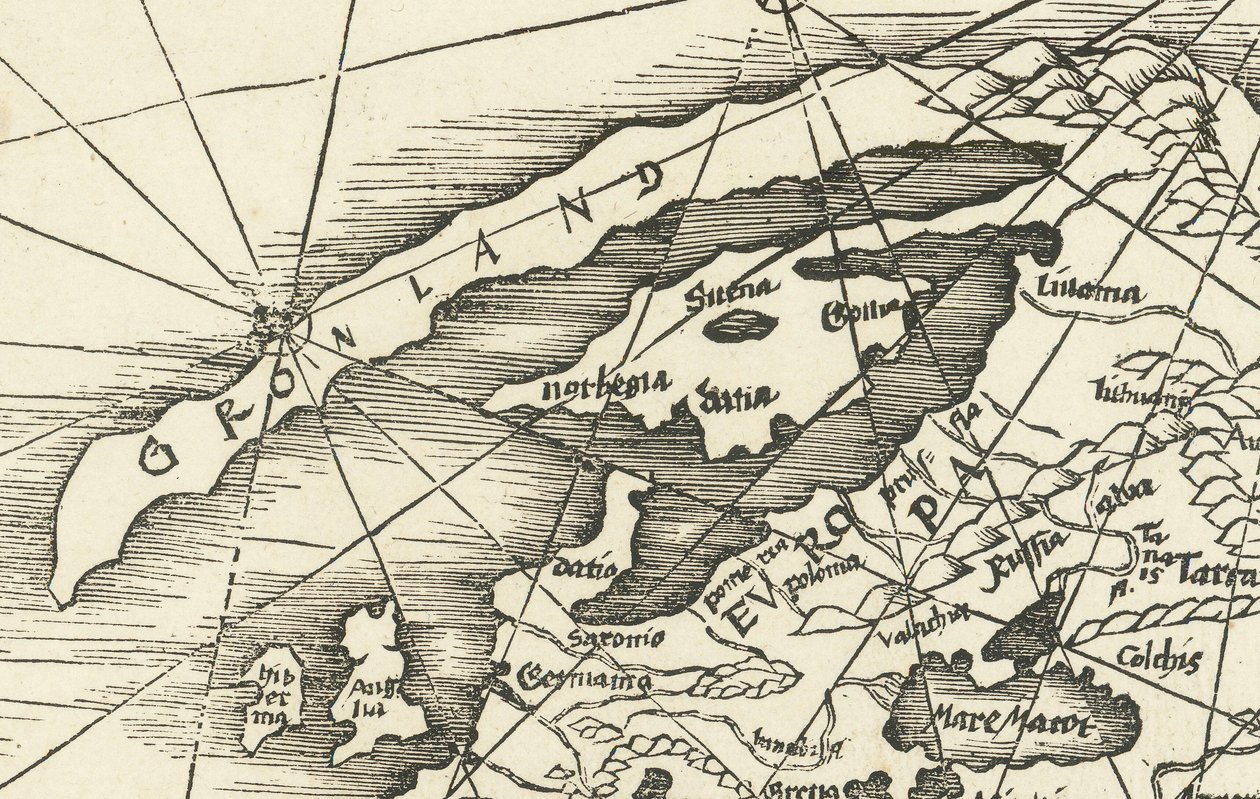 1513 kaart van de Noordzee met Groenland verbonden met Scandinavië door Martin Waldseemuller