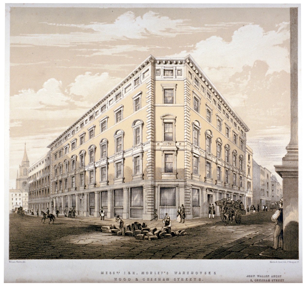 Magazijnen van Messrs J&R Morley, hoek van Wood Street en Gresham Street, Londen, ca. 1840 door Martin and Hood