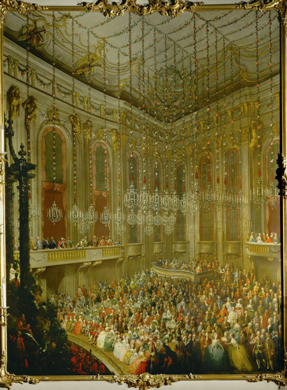 Huwelijksconcert voor keizer Jozef II en Isabella van Parma;serenade in de Redoutensaal in het keizerlijk paleis van Wenen ... (olieverf op doek) door Martin van Mytens or Meytens