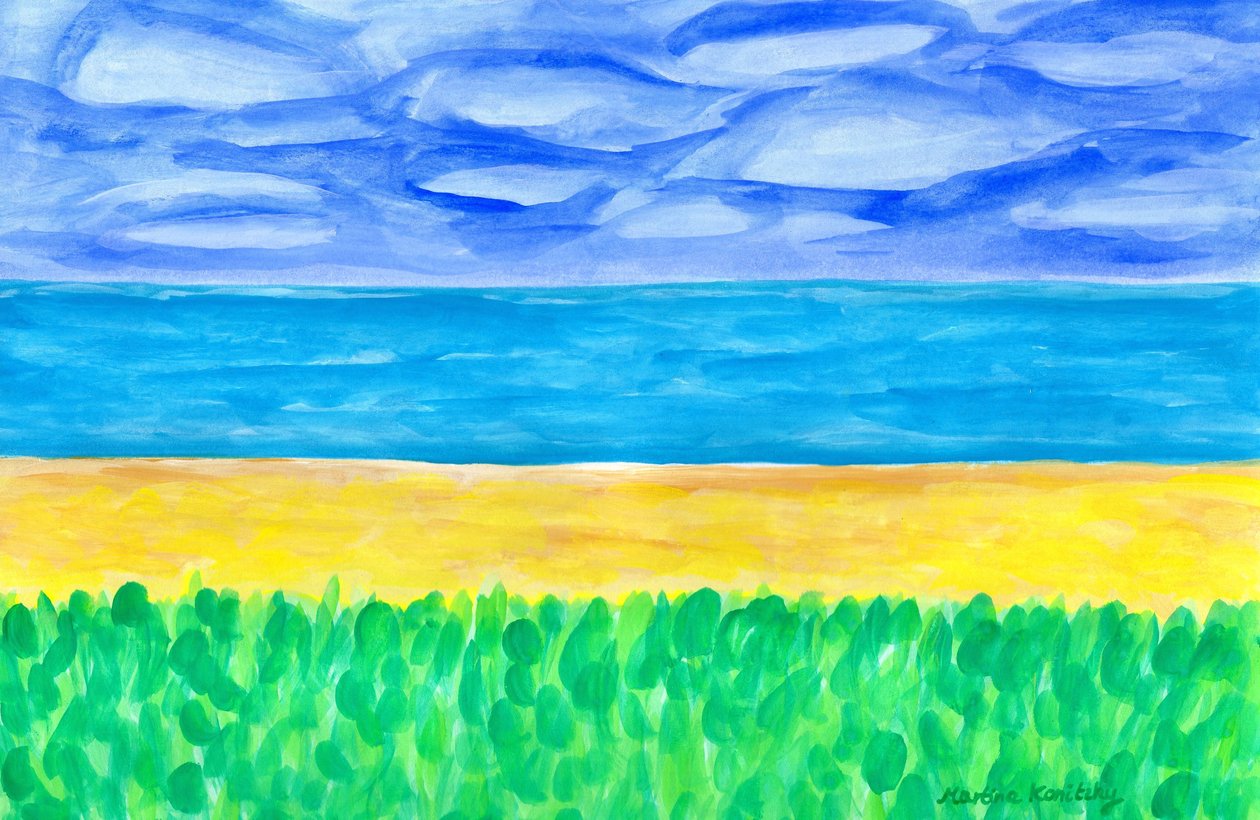 Gele zandstrand aan de turquoise zee door Martina Konitzky