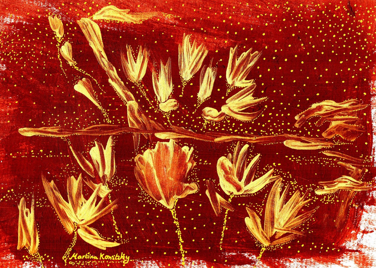 Landschap met bloemen en sterrenhemel bruin goud door Martina Konitzky