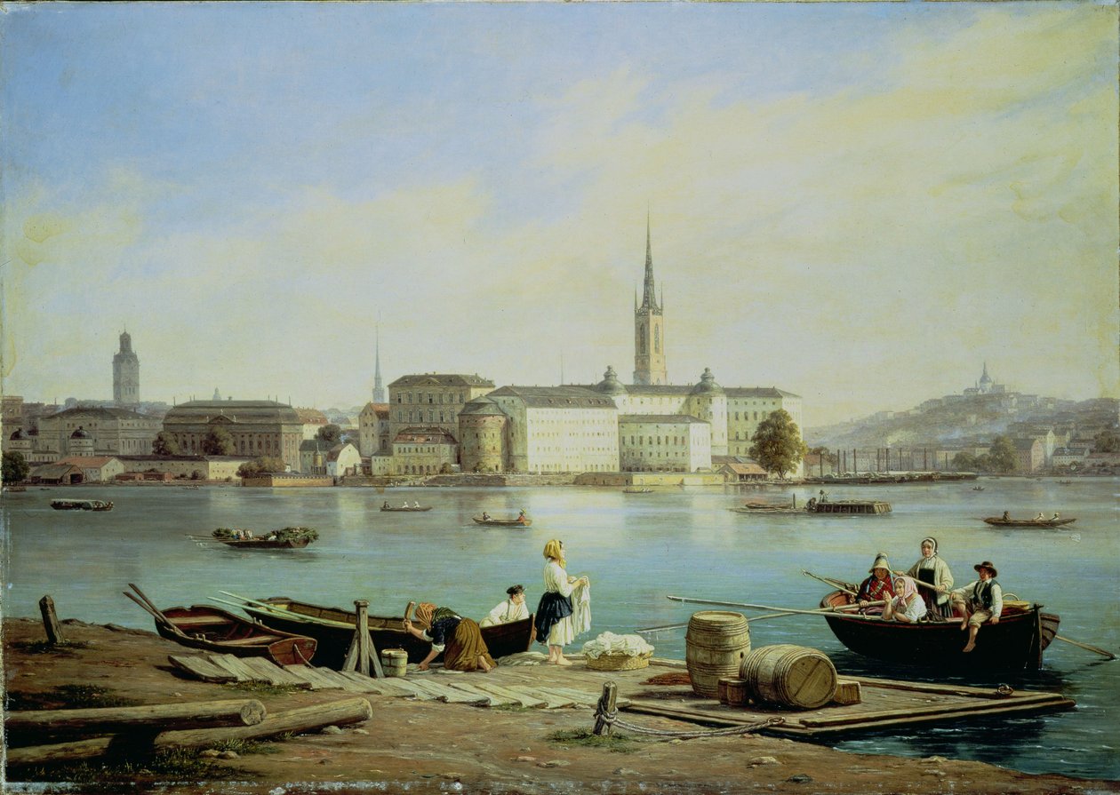 Een uitzicht op Riddarholmen aan het meer Malaven met de Ridarhuset en de Riddarholmskerk daarachter, Stockholm door Martinus Rorbye