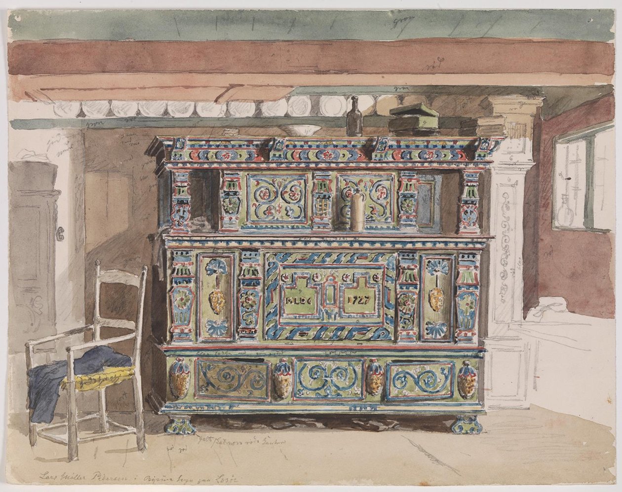 Beschilderde kast, gedateerd 1727, in een woonkamer op Læsø door Martinus Rørbye