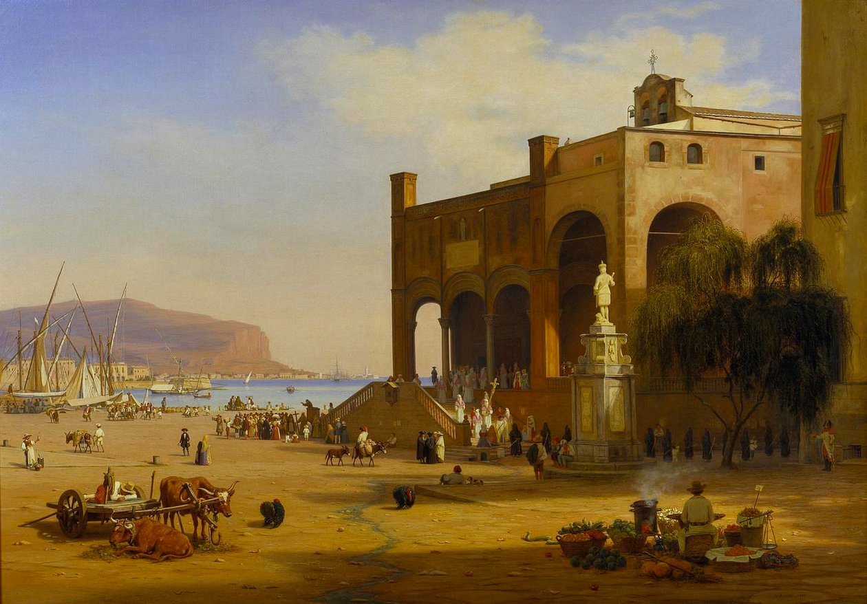 Het straatleven bij de haven in Palermo door Martinus Rørbye