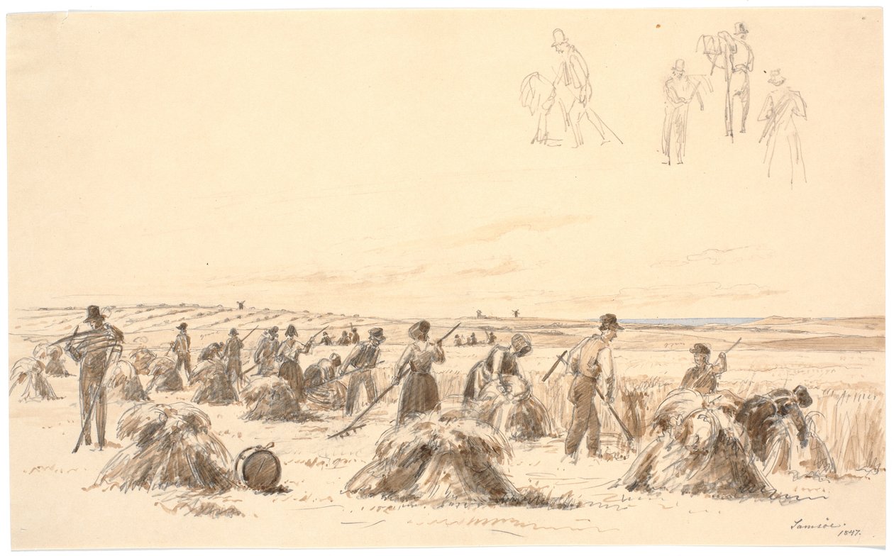 Oogstwerkers op het veld. Op de achtergrond molens en de zee door Martinus Rørbye