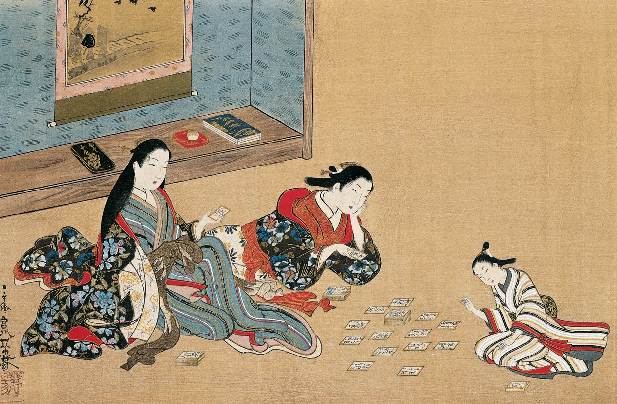 Vrouwen die kaarten spelen, door Maruyama Okyo, zijdeschildering in ukiyo-e stijl, Japan door Maruyama Okyo