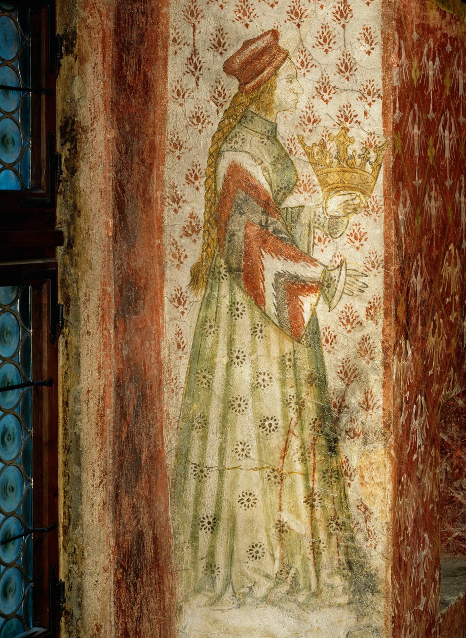 Margarete Maultasch, gravin van Tirol, in een muurschildering in een raamkozijn van de badkamer in kasteel Runkelstein, Zuid-Tirol ... (muurschildering) door Marx Reichlich