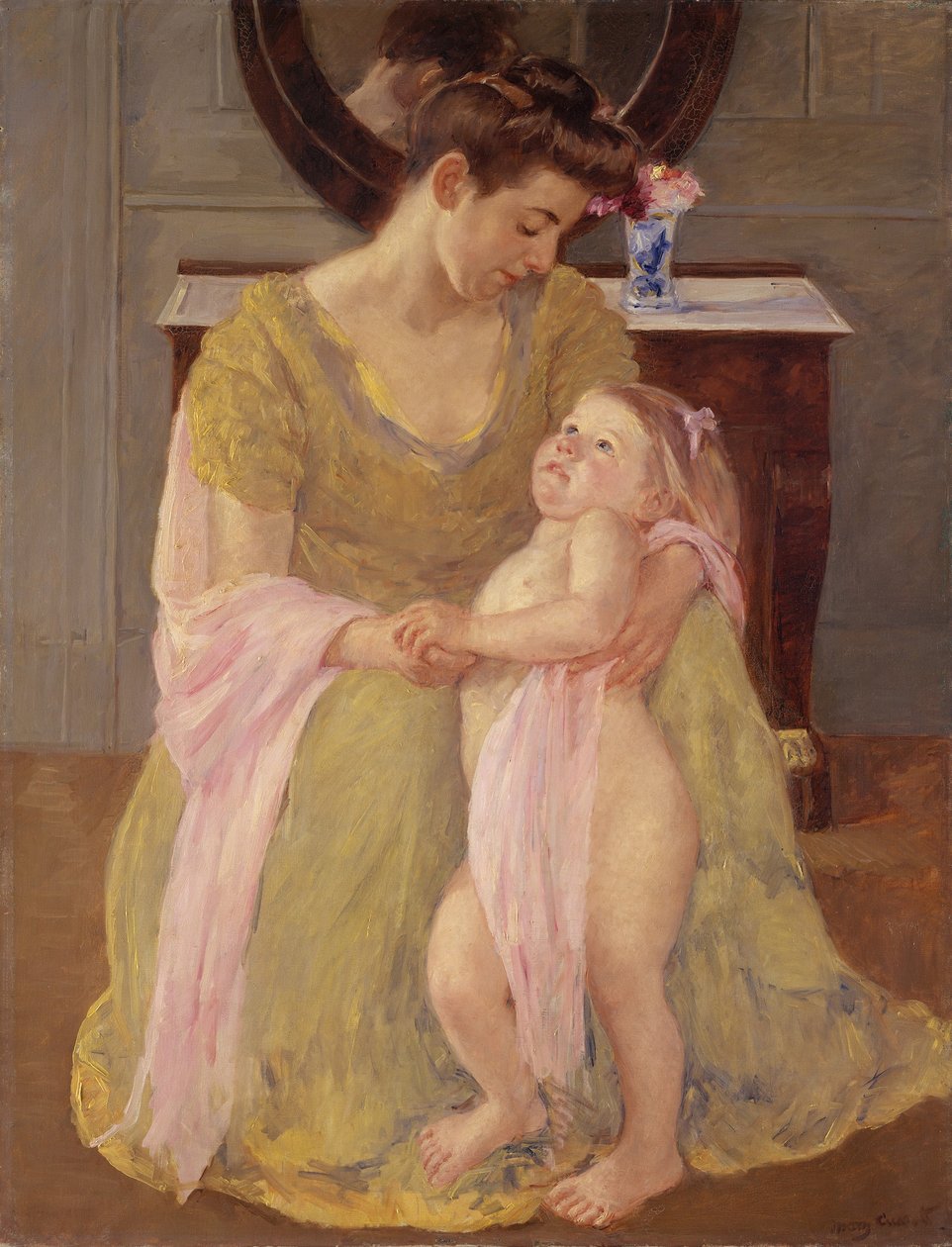 Moeder en kind met een rozen sjaal, ca. 1908 door Mary Cassatt