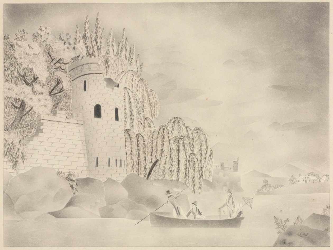De eenzame toren (kasteel aan een rivier met wilgen en een boot) door Mary Altha Nims