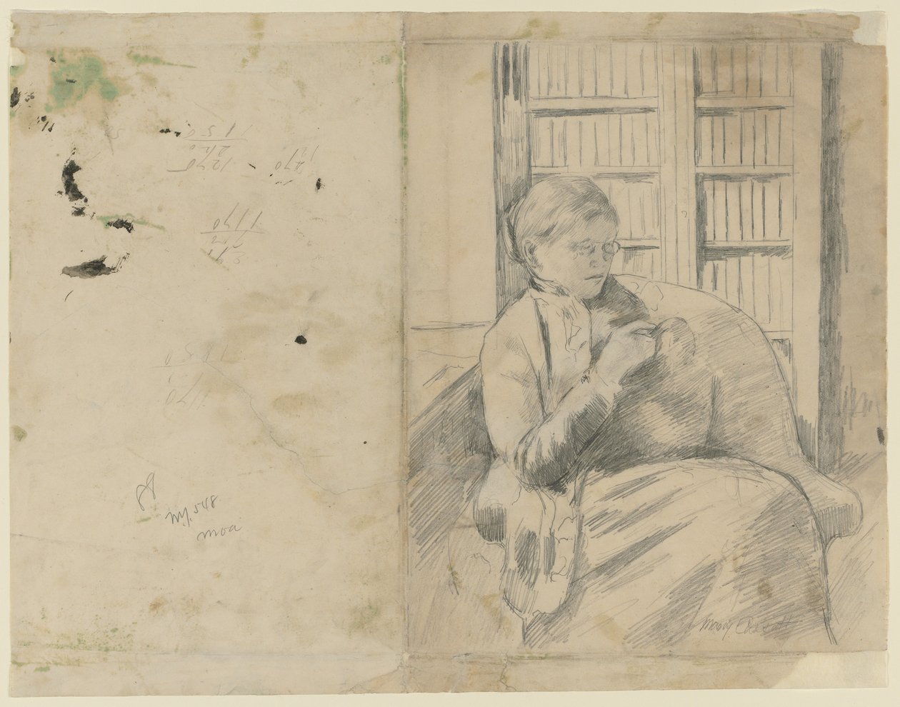 Breien in de bibliotheek recto, Breien in de bibliotheek verso, c. 1881 door Mary Cassatt
