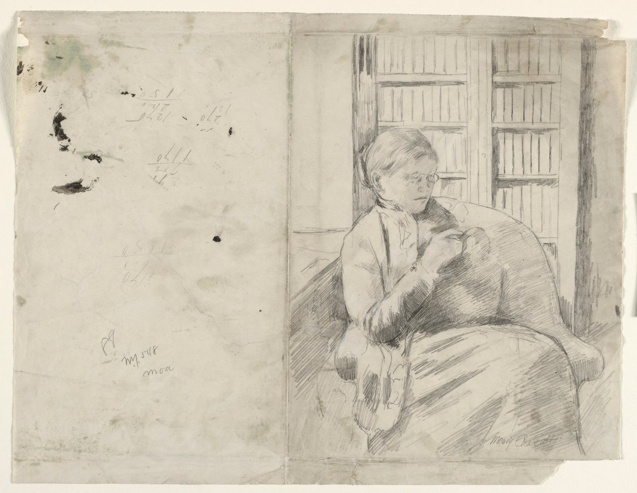 Breien in de bibliotheek (recto), ca. 1881 door Mary Cassatt