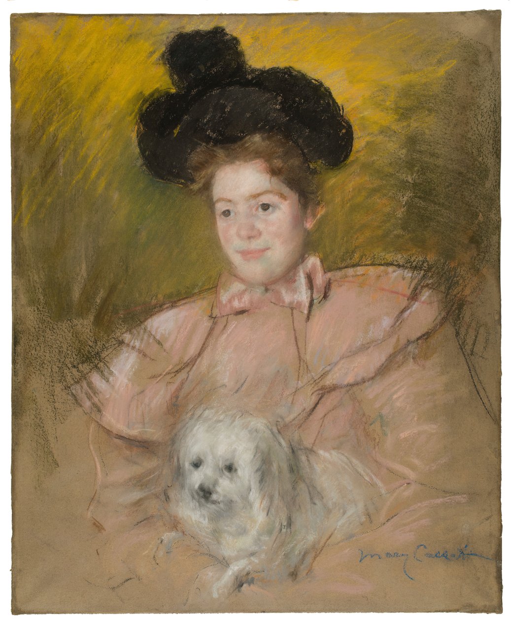 Vrouw in Frambozenkostuum met een Hond, c. 1901 door Mary Cassatt