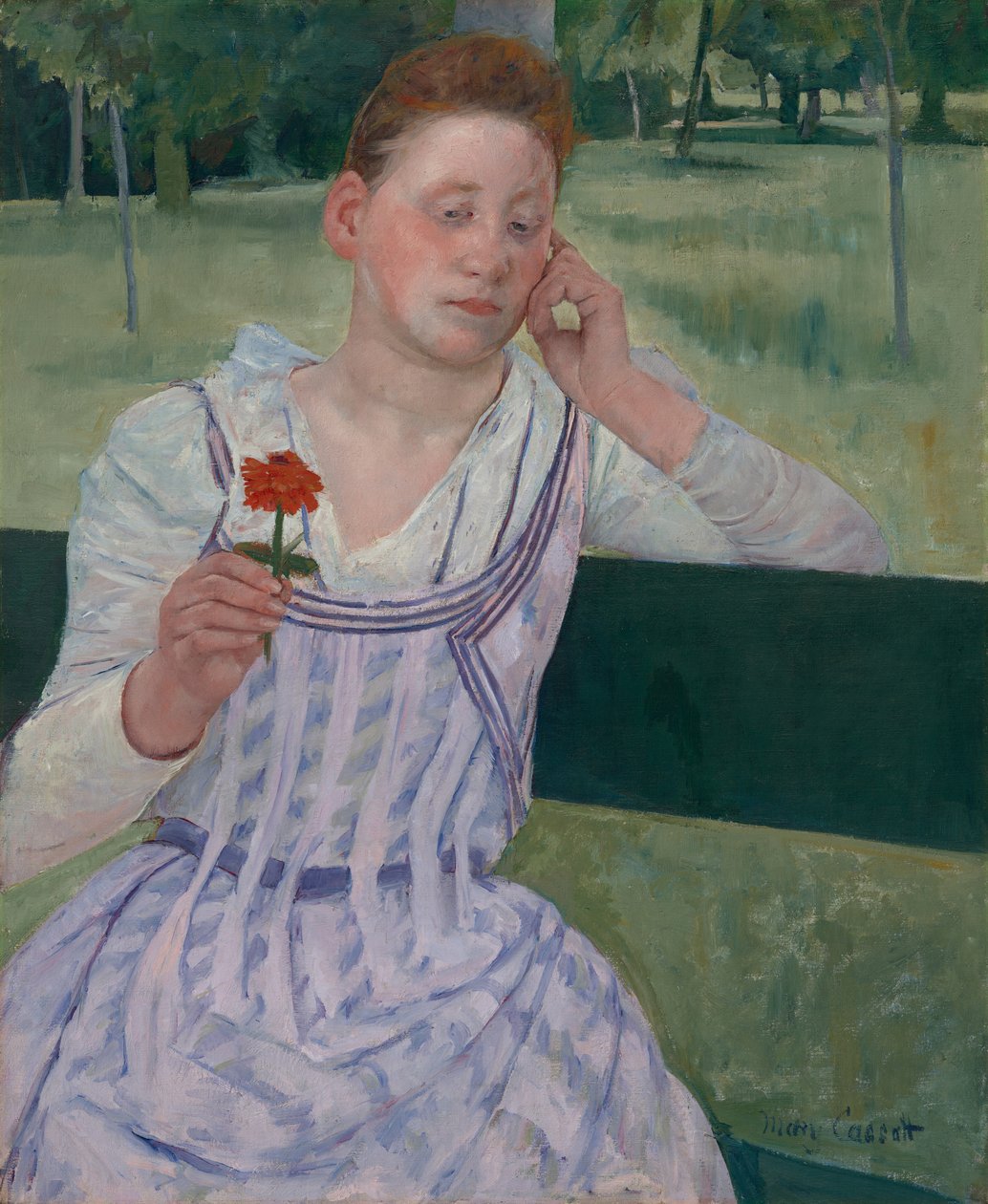 Vrouw met een rode zinnia (Mijmering) door Mary Cassatt
