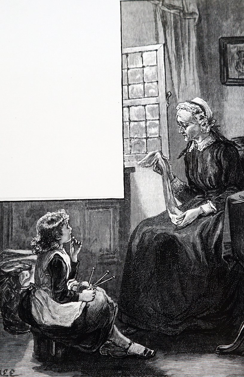 Een grootmoeder die de inspanningen van het kind bij het breien onderzoekt door Mary Ellen Edwards