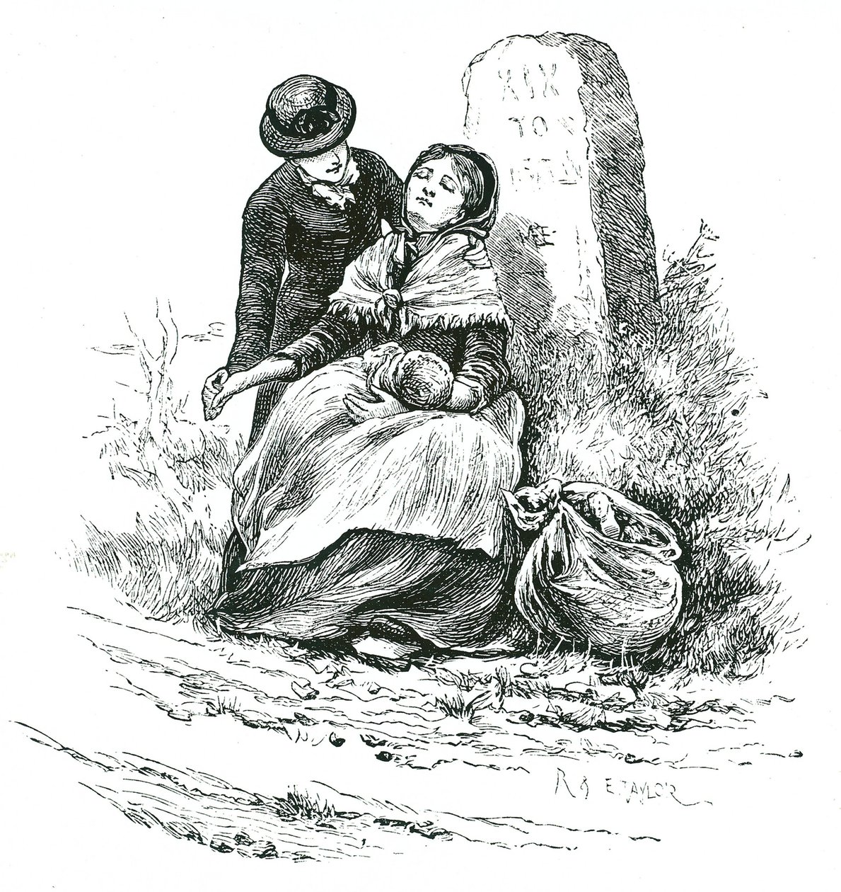 Een behoeftige, ongehuwde moeder uitgeput gevonden op weg naar het armenhuis met haar baby. Scène die doet denken aan een roman van Thomas Hardy maar niet ongewoon in landelijke gebieden in het hele land. Illustratie door Mary Ellen Edwards ca. 1881 door Mary Ellen Edwards